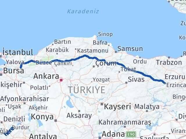 Sakarya Geyve Erzincan Arası Kaç Km - Yol Haritası