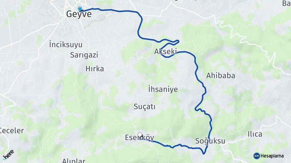 Sakarya Geyve Esenköy Geyve Arası Kaç Km - Yol Haritası