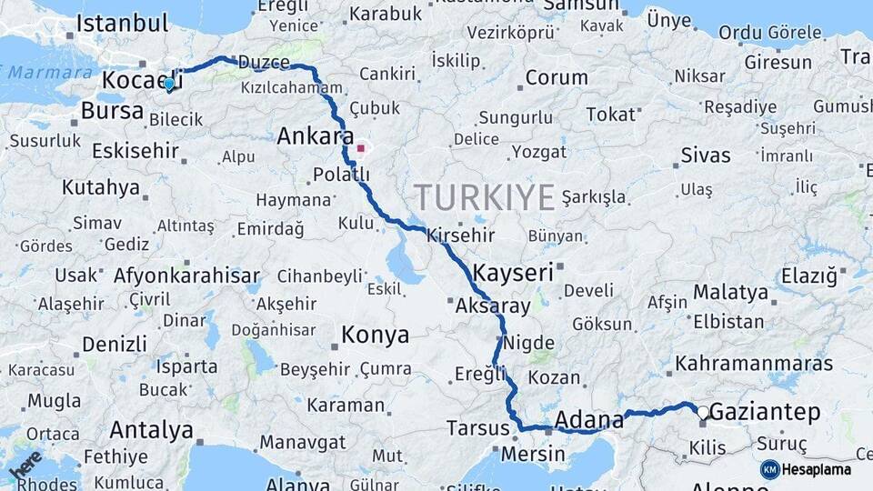 Sakarya Geyve Gaziantep Arası Kaç Km - Yol Haritası