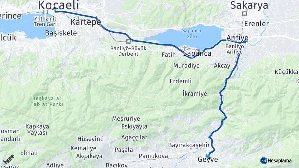 Sakarya Geyve İzmit Kocaeli Arası Kaç Km - Yol Haritası