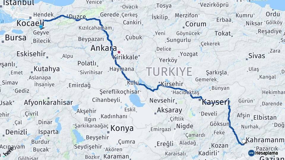 Sakarya Geyve Kahramanmaraş Arası Kaç Km - Yol Haritası