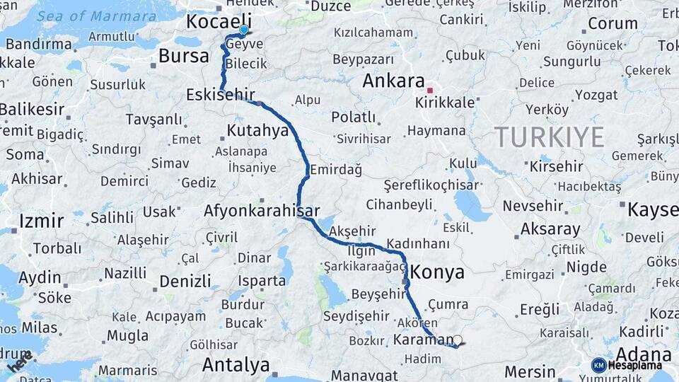 Sakarya Geyve Karaman Arası Kaç Km - Yol Haritası