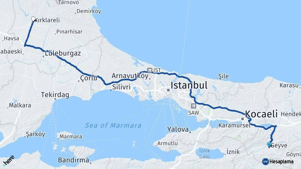 Sakarya Geyve Kırklareli Arası Kaç Km - Yol Haritası