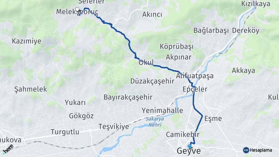 Sakarya Geyve Melekşeoruç Geyve Arası Kaç Km - Yol Haritası