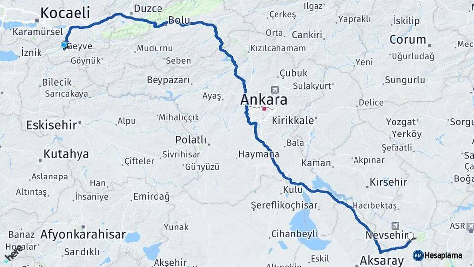 Sakarya Geyve Nevşehir Arası Kaç Km - Yol Haritası