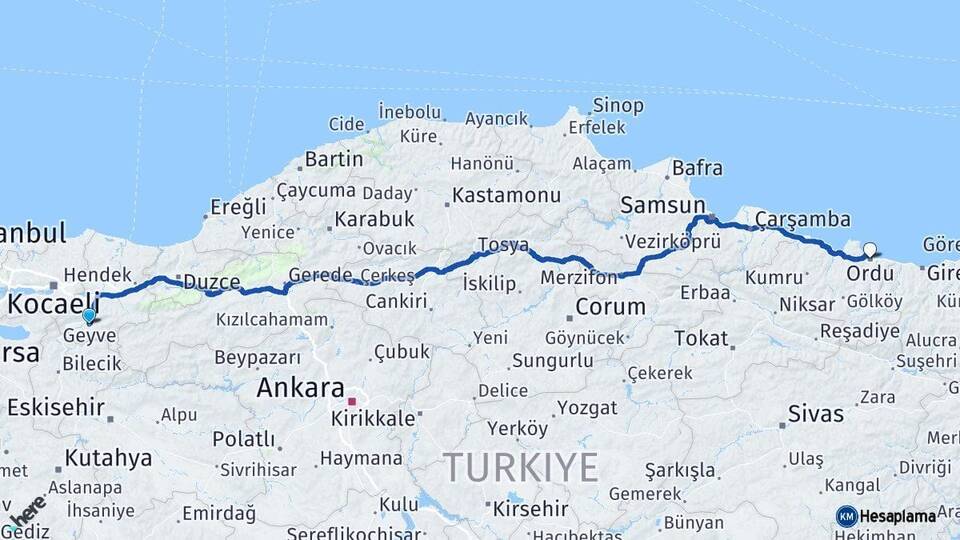 Sakarya Geyve Ordu Arası Kaç Km - Yol Haritası
