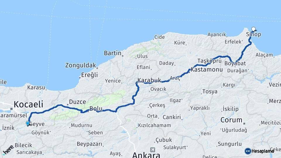 Sakarya Geyve Sinop Arası Kaç Km - Yol Haritası