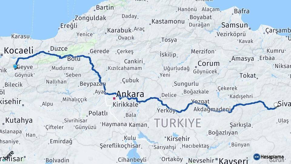 Sakarya Geyve Sivas Arası Kaç Km - Yol Haritası