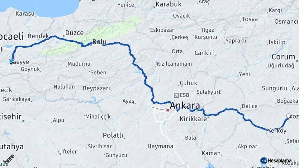 Sakarya Geyve Yozgat Arası Kaç Km - Yol Haritası