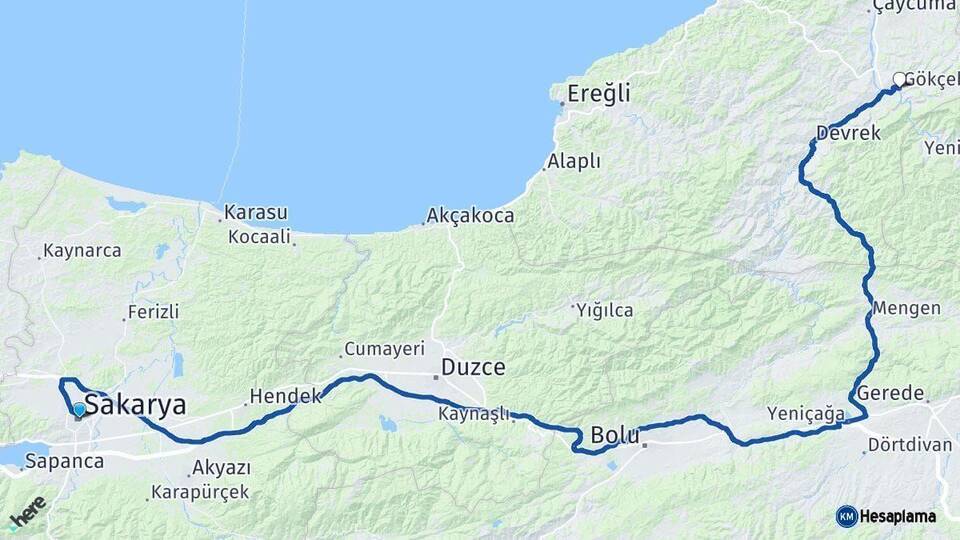 Sakarya Gökçebey Zonguldak Arası Kaç Km - Yol Haritası