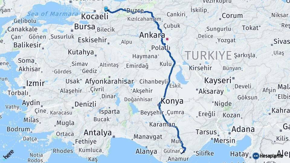 Sakarya Gülnar Mersin Arası Kaç Km - Yol Haritası