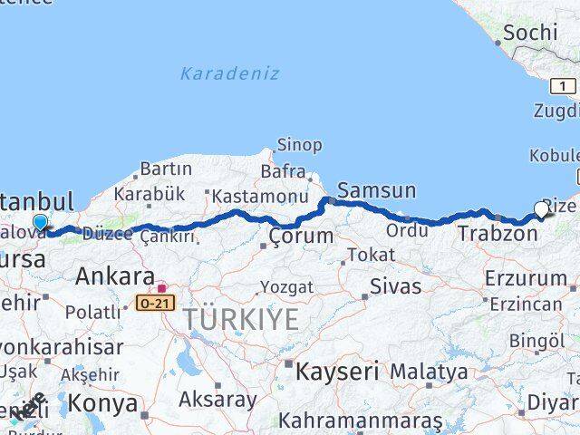 Sakarya Güneysu Rize Arası Kaç Km - Yol Haritası