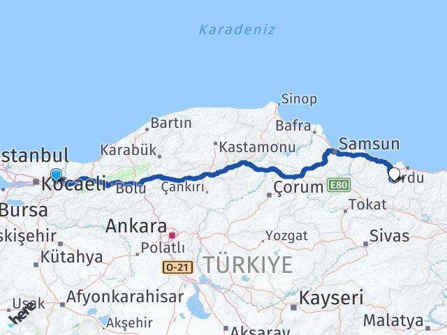 Sakarya Gürgentepe Ordu Arası Kaç Km - Yol Haritası