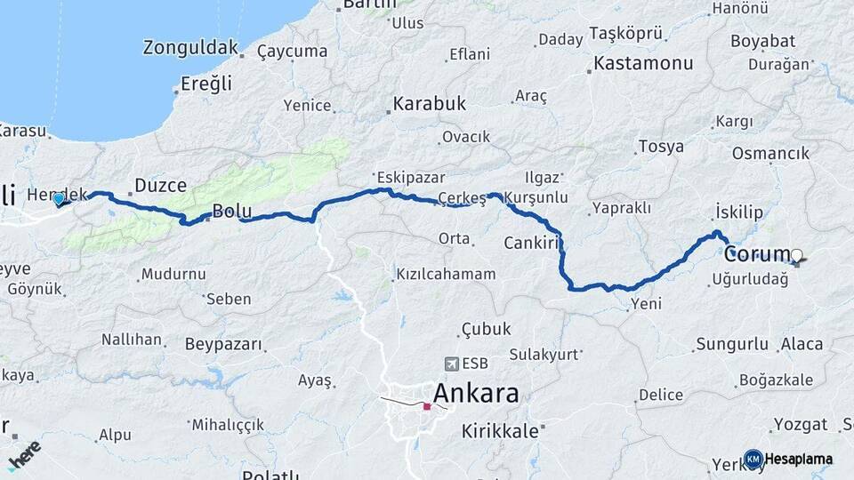 Sakarya Hendek Çorum Arası Kaç Km - Yol Haritası