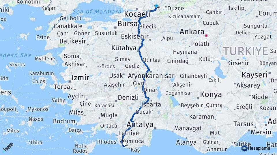 Sakarya Hendek Kalkan Kaş Antalya Arası Kaç Km - Yol Haritası