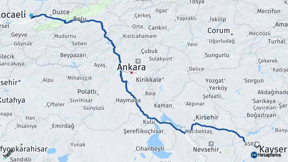 Sakarya Hendek Kayseri Arası Kaç Km - Yol Haritası