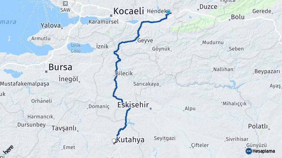 Sakarya Hendek Kütahya Arası Kaç Km - Yol Haritası