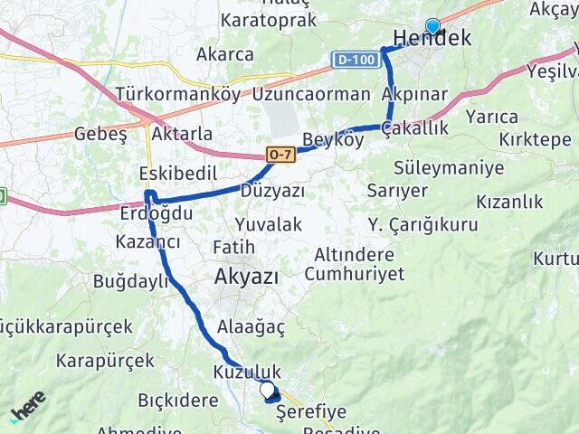 Sakarya Hendek Kuzuluk Topçusırtı Akyazı Arası Kaç Km - Yol Haritası