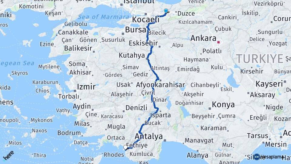 Sakarya Hendek Ölüdeniz Fethiye Muğla Arası Kaç Km - Yol Haritası