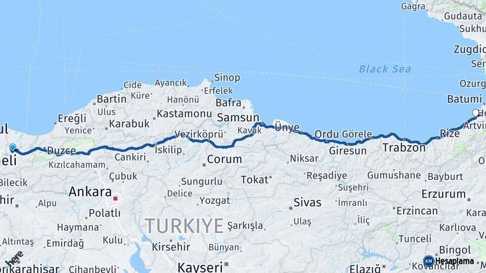 Sakarya Hopa Artvin Arası Kaç Km - Yol Haritası