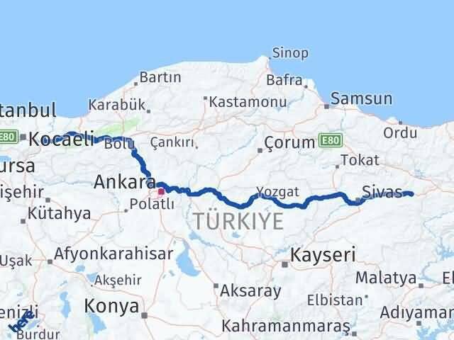 Sakarya İmranlı Sivas Arası Kaç Km - Yol Haritası