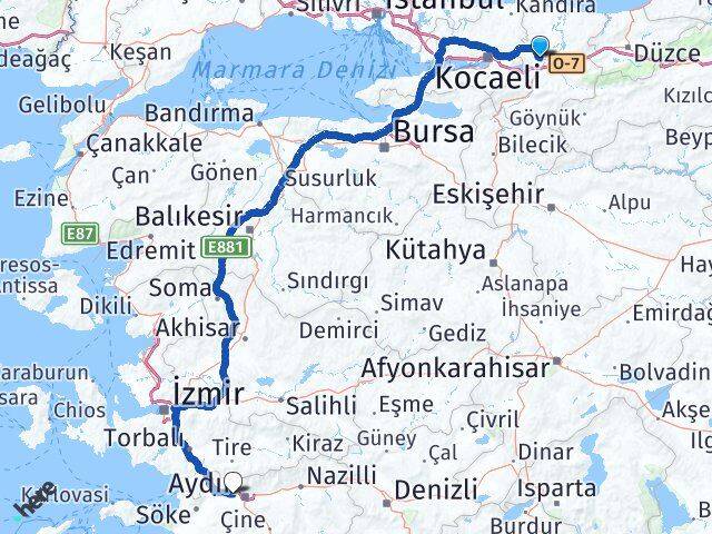 Sakarya İncirliova Aydın Arası Kaç Km - Yol Haritası