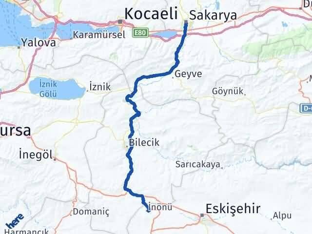 Sakarya İnönü Eskişehir Arası Kaç Km - Yol Haritası