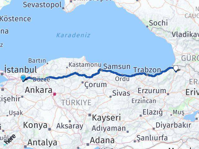 Sakarya Karapürçek Artvin Arası Kaç Km - Yol Haritası