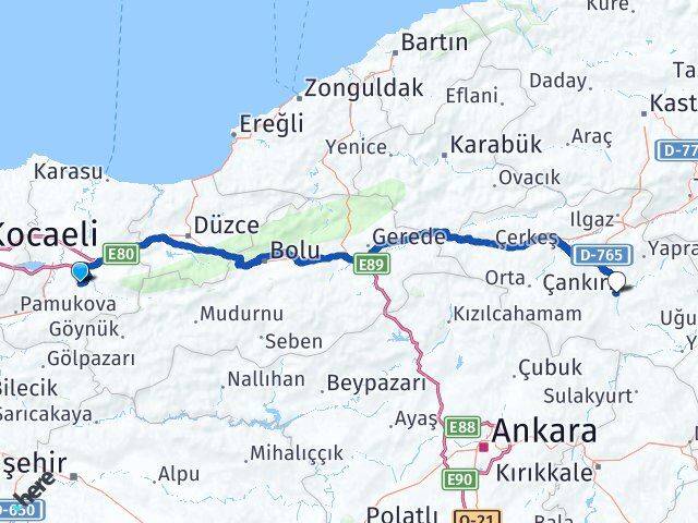 Sakarya Karapürçek Çankırı Arası Kaç Km - Yol Haritası