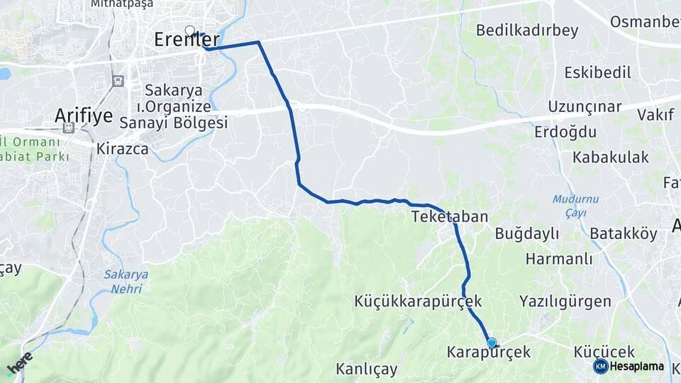 Sakarya Karapürçek Erenler Arası Kaç Km - Yol Haritası
