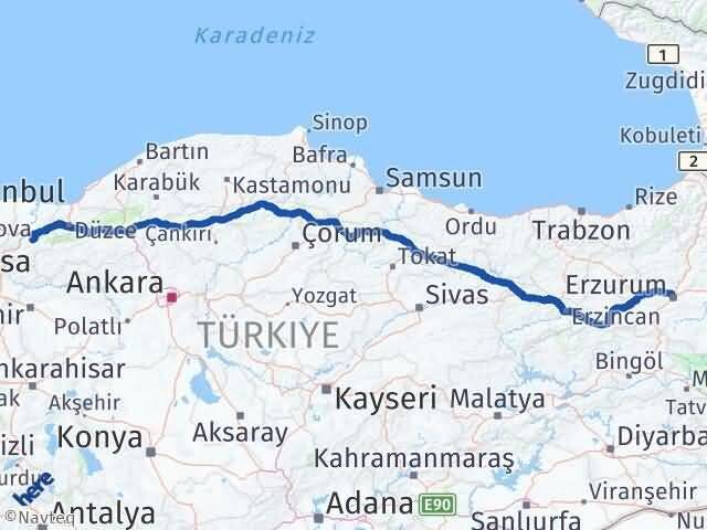 Sakarya Karapürçek Erzurum Arası Kaç Km - Yol Haritası