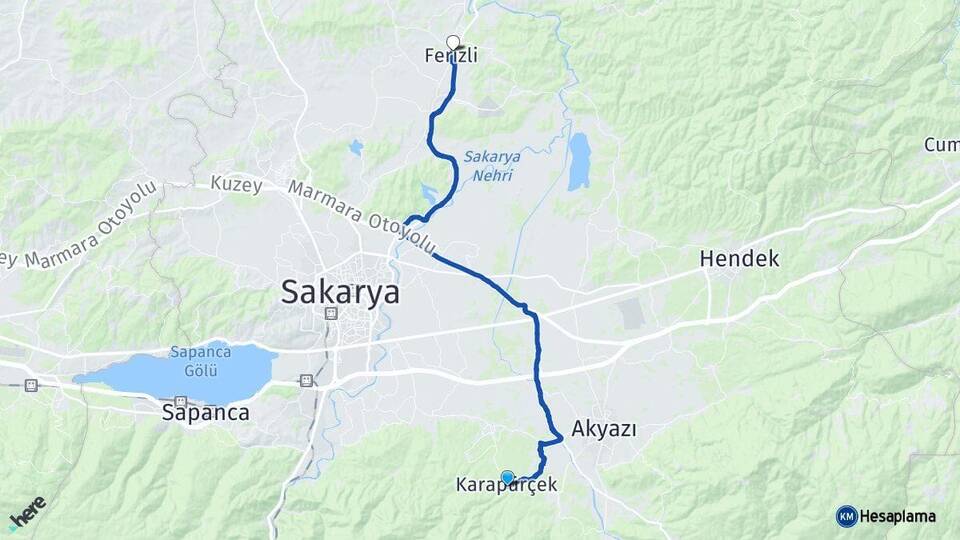 Sakarya Karapürçek Ferizli Arası Kaç Km - Yol Haritası