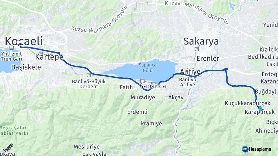 Sakarya Karapürçek İzmit Kocaeli Arası Kaç Km - Yol Haritası