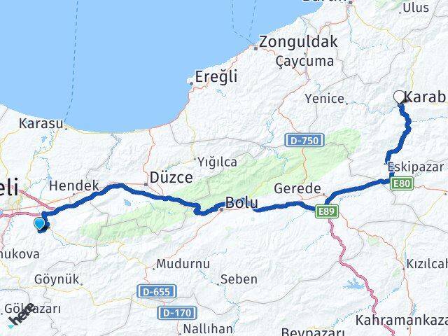 Sakarya Karapürçek Karabük Arası Kaç Km - Yol Haritası