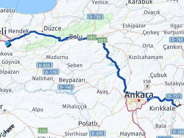Sakarya Karapürçek Kırıkkale Arası Kaç Km - Yol Haritası