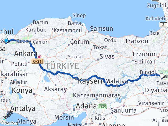 Sakarya Karapürçek Muş Arası Kaç Km - Yol Haritası