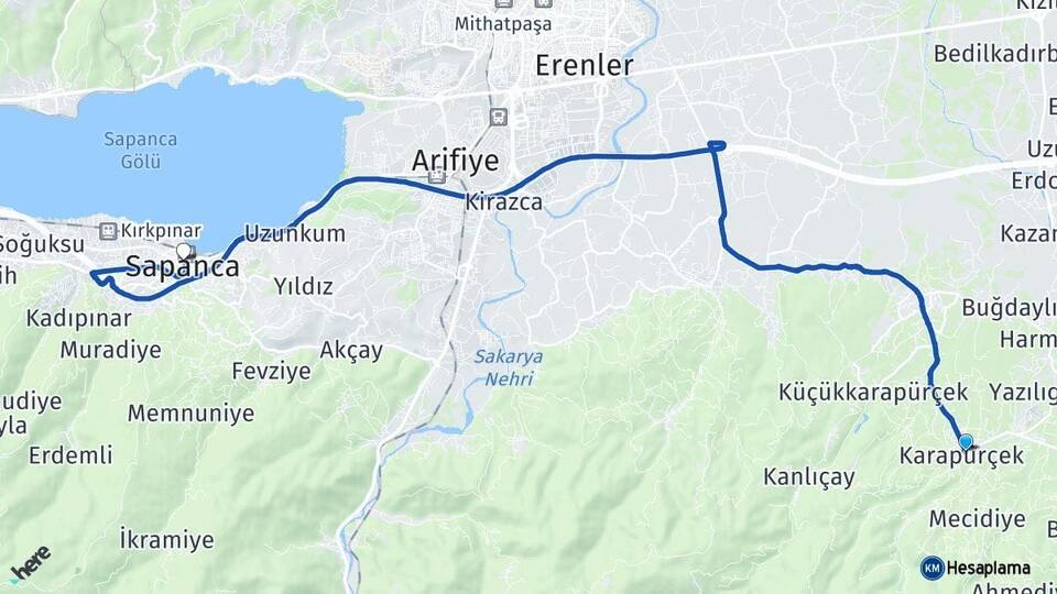 Sakarya Karapürçek Sapanca Arası Kaç Km - Yol Haritası