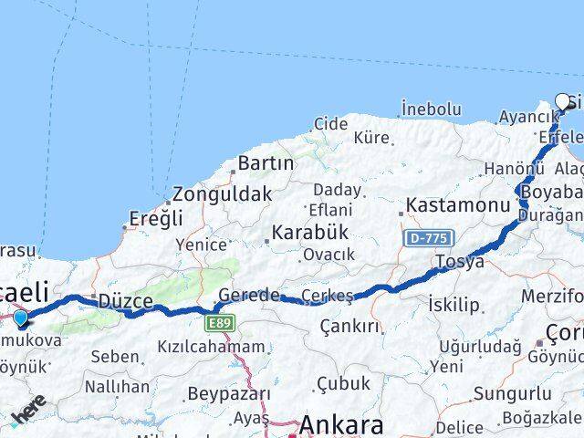 Sakarya Karapürçek Sinop Arası Kaç Km - Yol Haritası