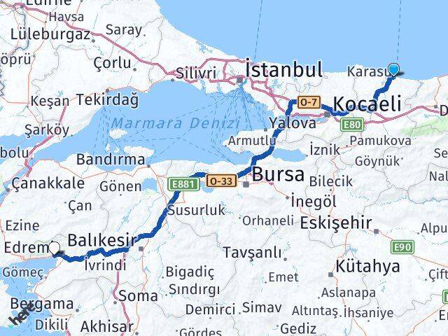 Sakarya Karasu Akçay Edremit Balıkesir Arası Kaç Km - Yol Haritası