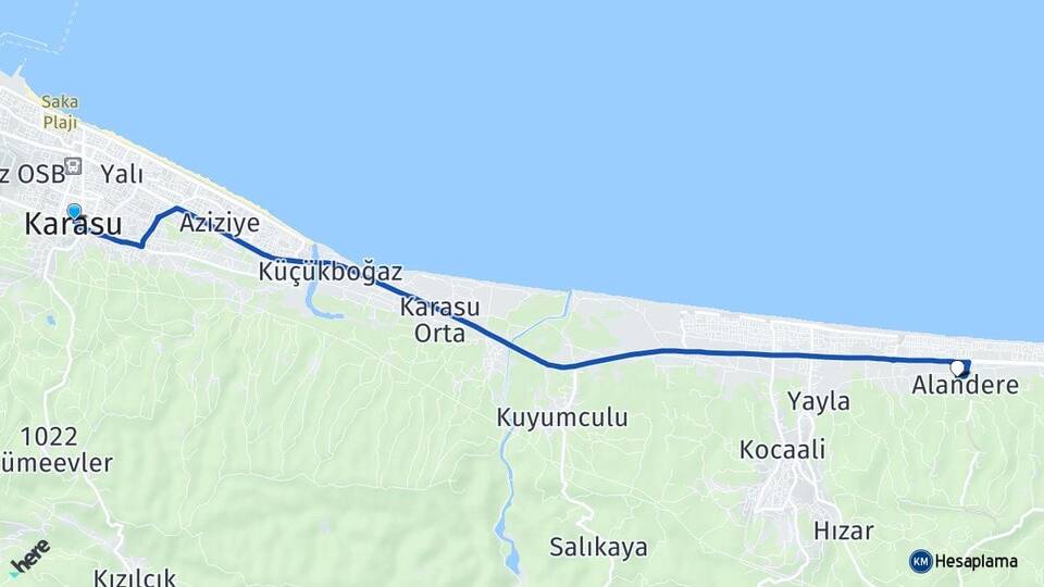 Sakarya Karasu Alandere Kocaali Arası Kaç Km - Yol Haritası