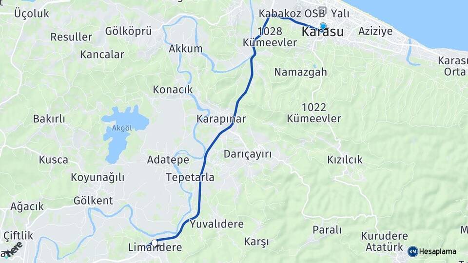 Sakarya Karasu Limandere Karasu Arası Kaç Km - Yol Haritası