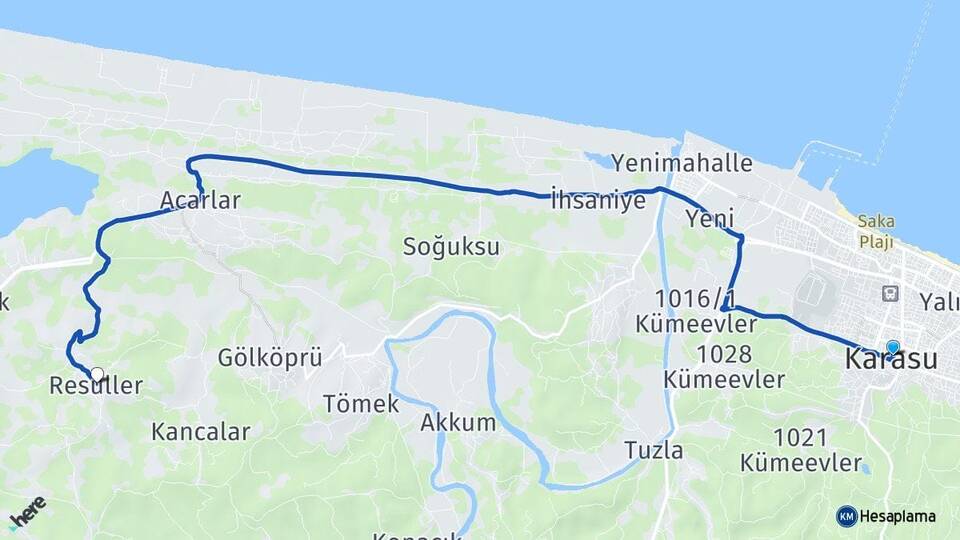 Sakarya Karasu Resuller Karasu Arası Kaç Km - Yol Haritası