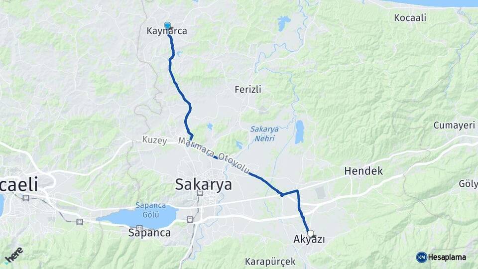 Sakarya Kaynarca Akyazı Arası Kaç Km - Yol Haritası