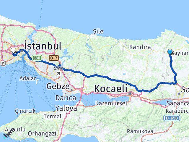 Sakarya Kaynarca Bayrampaşa İstanbul Arası Kaç Km - Yol Haritası