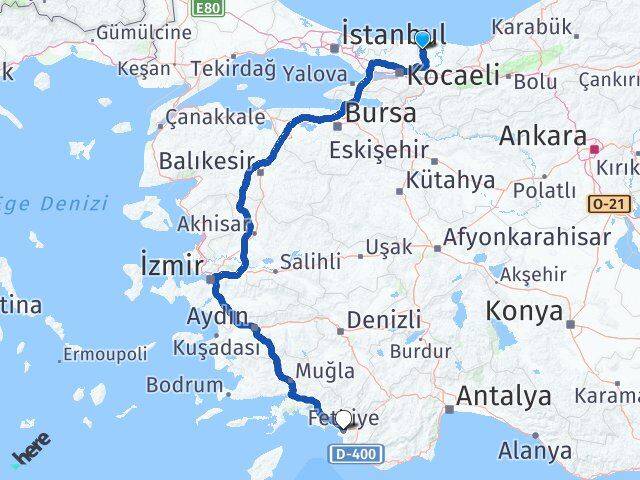 Sakarya Kaynarca Fethiye Muğla Arası Kaç Km - Yol Haritası