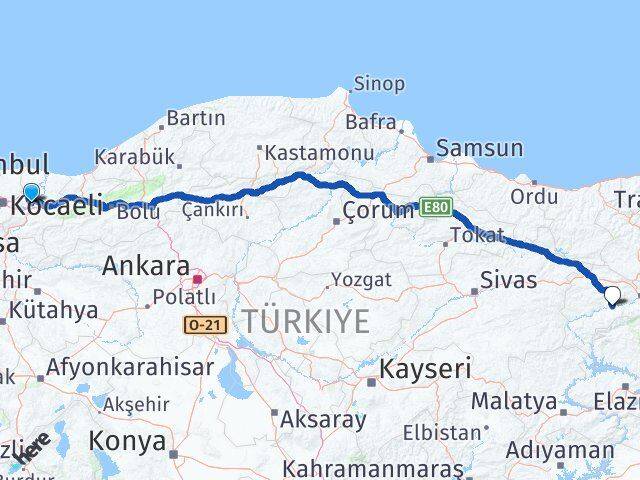 Sakarya Kemah Erzincan Arası Kaç Km - Yol Haritası