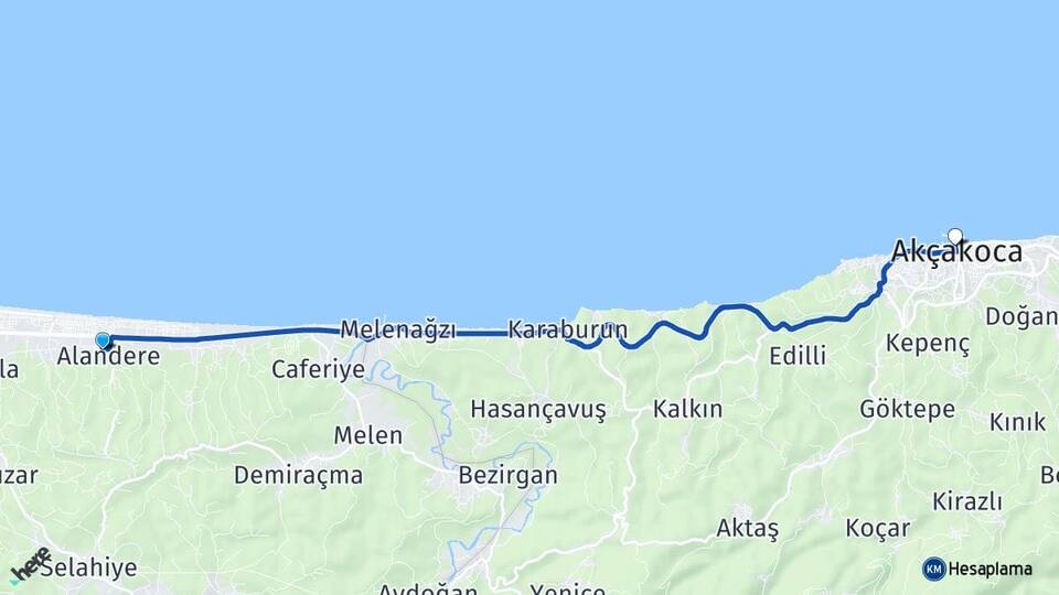 Sakarya Kocaali Alandere Akçakoca Düzce Arası Kaç Km - Yol Haritası