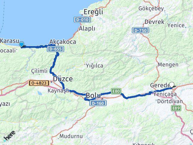 Sakarya Kocaali Alandere Gerede Bolu Arası Kaç Km - Yol Haritası