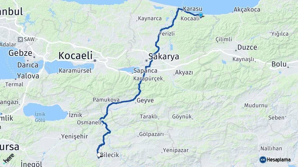 Sakarya Kocaali Bilecik Arası Kaç Km - Yol Haritası