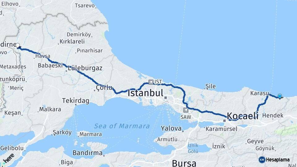 Sakarya Kocaali Edirne Arası Kaç Km - Yol Haritası